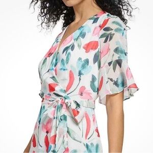 DKNY Floral Wrap Maxi Dress - White with Coral & Teal Accents. Lined. Sz 14.